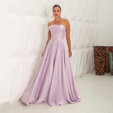 Vestido Fatima Cetim, Um Ombro, Prega Frontal e Saia Rodada - Lavanda
