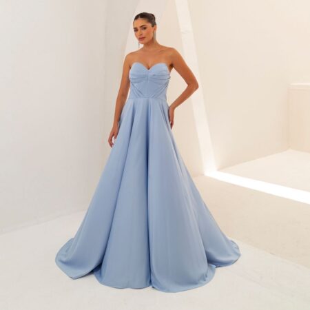 Vestido Jessica Cetim Tqc, Busto Prega e Saia Rodada - Azul Ceu