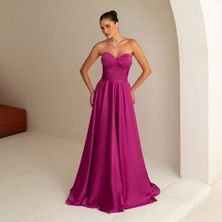 Vestido Jessica Cetim Tqc, Busto Prega e Saia Rodada - Fuchsia