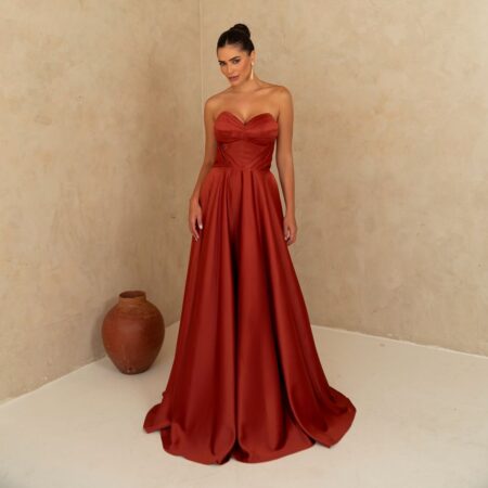 Vestido Jessica Cetim Tqc, Busto Prega e Saia Rodada - Terracota