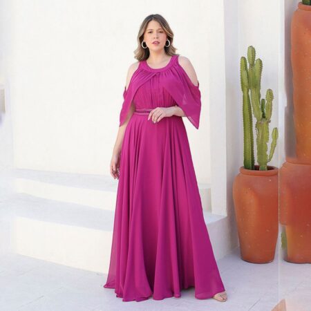 Vestido Nina Chiffon Pala Bordado, Detalhe Manga e Saia Rodada - Fuchsia