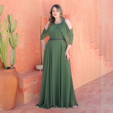 Vestido Nina Chiffon Pala Bordado, Detalhe Manga e Saia Rodada - Oliva