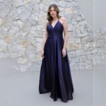 Vestido River Cetim Degrade, Busto Plissado e Saia Fenda - Marinho