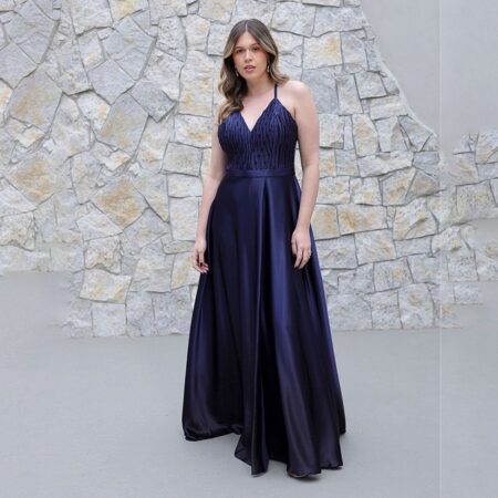 Vestido River Cetim Degrade, Busto Plissado e Saia Fenda - Marinho