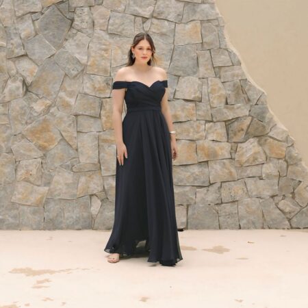 Vestido Leia Chiffon Ombro A Ombro e Saia Rodada - Marinho