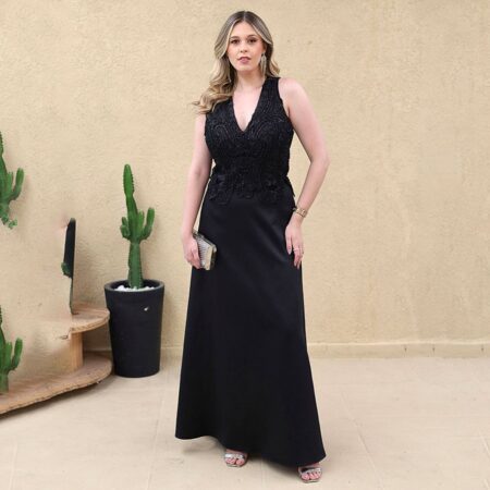 Vestido Julina Busto Bordado Regata Saia Cetim Evasê - Preto