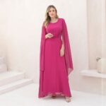 Vestido Danille Chiffon Busto Franzido, Capa e Saia Levemente Rodada - Fuchsia