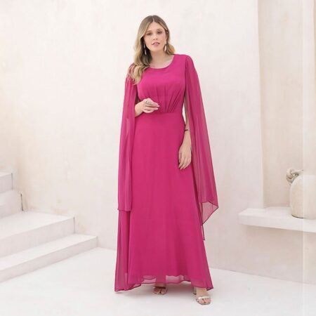 Vestido Danille Chiffon Busto Franzido, Capa e Saia Levemente Rodada - Fuchsia