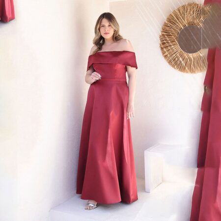 Vestido Paxton Zibeline Ombro A Ombro e Saia Evase - Marsala