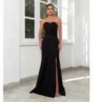 Vestido Mae Alfaiataria Busto Prega e Saia Fenda - Preto