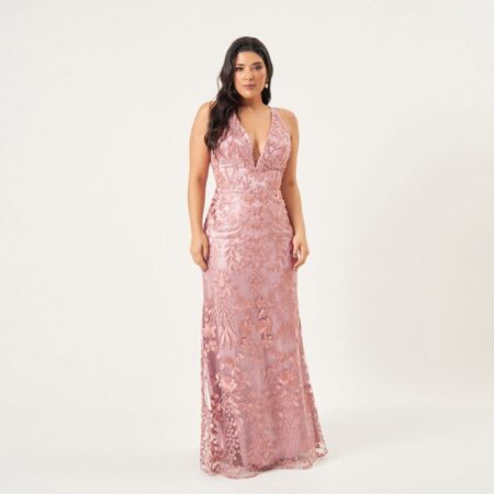 Vestido Evalina Tule Bordado Decotado Saia Sereia - Rose