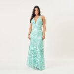 Vestido Evalina Tule Bordado Decotado Saia Sereia - Tiffany