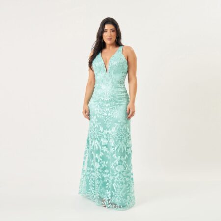 Vestido Evalina Tule Bordado Decotado Saia Sereia - Tiffany