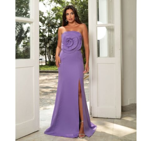 Vestido Eve Alfaiataria, Flor Busto Frontal e Saia Fenda - Lavanda