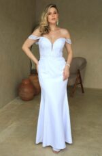 Vestido Lexi Noiva Ombro A Ombro Saia Fenda - Branco