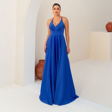 Vestido Abby Cetim Busto Prega e Saia Rodada - Royal