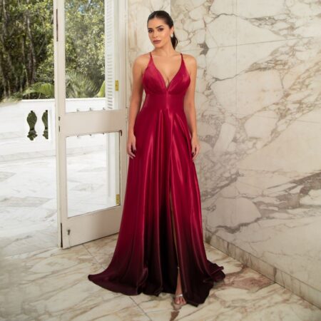 Vestido Gia Cetim Degrade Decote Prega e Saia Fenda - Vermelho