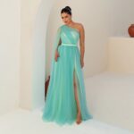 Vestido Evie Tule Brilho Busto Franzida e Capa Lateral - Tiffany