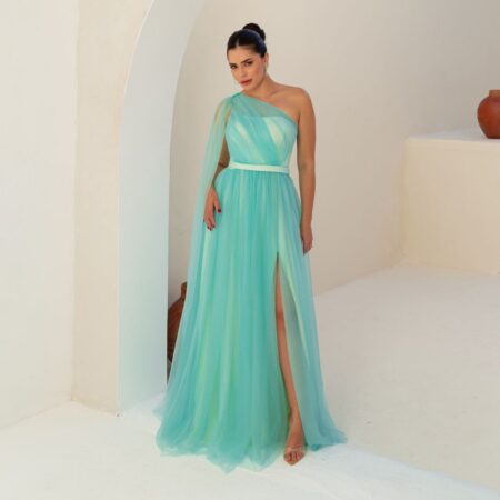 Vestido Evie Tule Brilho Busto Franzida e Capa Lateral - Tiffany