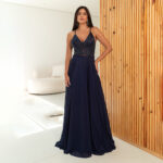 Vestido Rain Bordado, Alça, Cinto e Saia Rodada Chiffon - Marinho