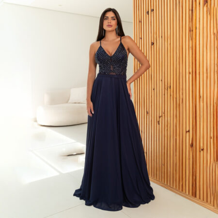 Vestido Rain Bordado, Alça, Cinto e Saia Rodada Chiffon - Marinho
