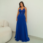 Vestido Rain Bordado, Alça, Cinto e Saia Rodada Chiffon - Royal