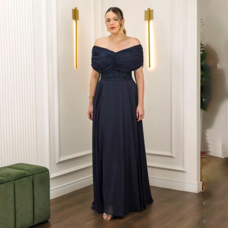 Vestido Denisy Chiffon Ombro A Ombro com Saia Rodada - Marinho