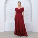 Vestido Denisy Chiffon Ombro A Ombro com Saia Rodada - Marsala