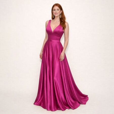 Vestido Alessia Cetim com Brilho, Barbatana Frontal e Costas Cruzadas - Fuchsia