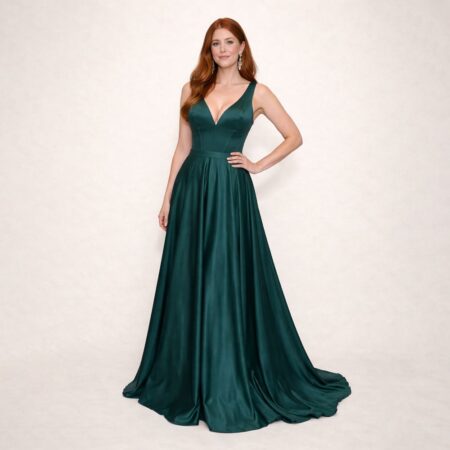 Vestido Alessia Cetim com Brilho, Barbatana Frontal e Costas Cruzadas - Musgo