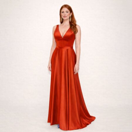 Vestido Alessia Cetim com Brilho, Barbatana Frontal e Costas Cruzadas - Vermelho