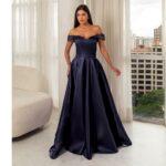 Vestido Nalani Zibeline Shine Ombro Ombro Saia Rodada - Marinho