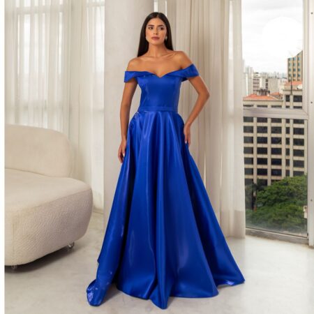 Vestido Nalani Zibeline Shine Ombro Ombro Saia Rodada - Royal