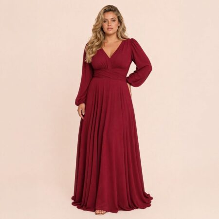 Vestido Leia Chiffon Detalhe Franzido Frontal, Manga e Saia Rodada - Marsala