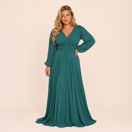 Vestido Leia Chiffon Detalhe Franzido Frontal, Manga e Saia Rodada - Musgo