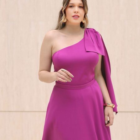 Vestido Abby Alfaiataria Um Ombro Detalhe Laço Ombro Saia Evase - Fuchsia