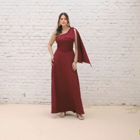 Vestido Abby Alfaiataria Um Ombro Detalhe Laço Ombro Saia Evase - Marsala