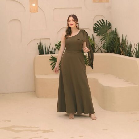 Vestido Abby Alfaiataria Um Ombro Detalhe Laço Ombro Saia Evase - Oliva