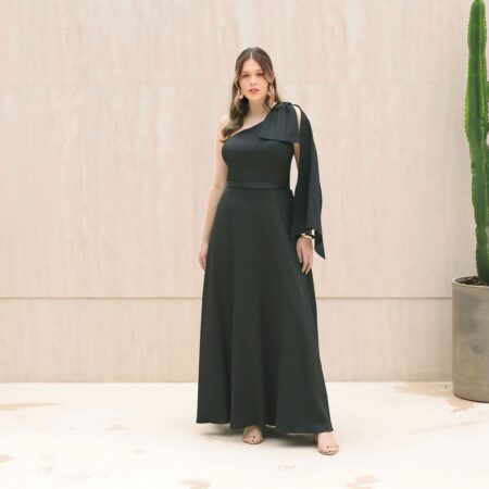 Vestido Abby Alfaiataria Um Ombro Detalhe Laço Ombro Saia Evase - Preto