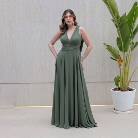 Vestido Cassidy Crepe Ggt, Franzido Frontal e Detalhe Costas - Oliva