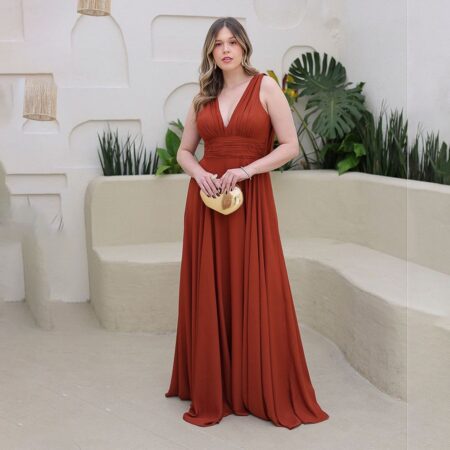 Vestido Cassidy Crepe Ggt, Franzido Frontal e Detalhe Costas - Terracota