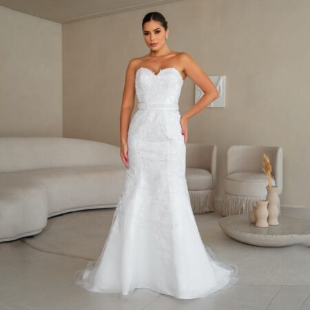 Vestido Noiva Winter Tqc Renda Bordada e Saia Sereia - Branco