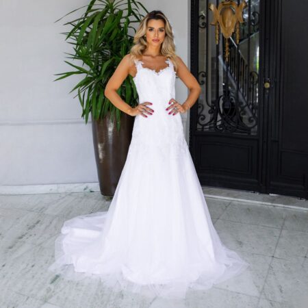 Vestido Daniele Noiva Aplicaçao Floral Na Alça e Saia com Calda - Branco