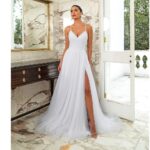 Vestido Marisa Noiva Importado Busto Drapeado em Tule e Saia Fenda - Branco