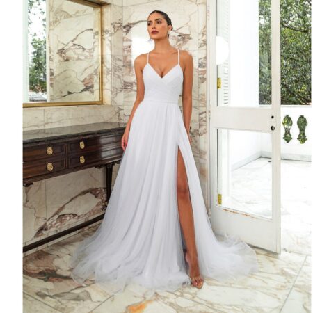 Vestido Marisa Noiva Importado Busto Drapeado em Tule e Saia Fenda - Branco