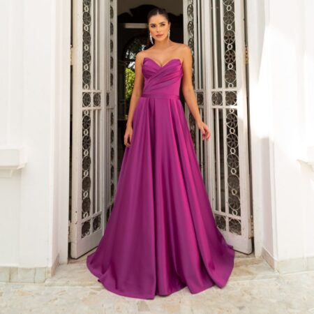 Vestido Hayden Cetim com Brilho, Busto Drapeado Transversal e Saia Rodada - Fuchsia