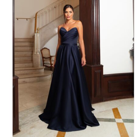Vestido Hayden Cetim com Brilho, Busto Drapeado Transversal e Saia Rodada - Marinho