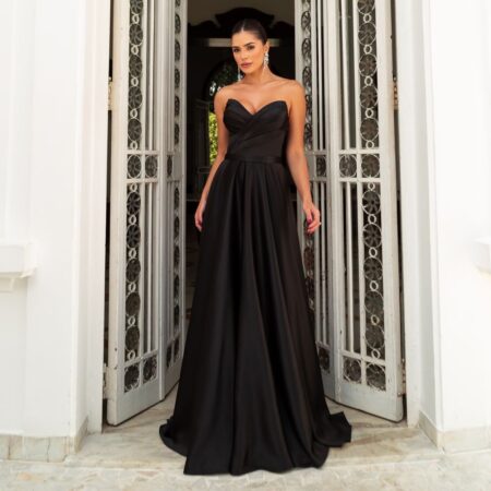 Vestido Hayden Cetim com Brilho, Busto Drapeado Transversal e Saia Rodada - Preto