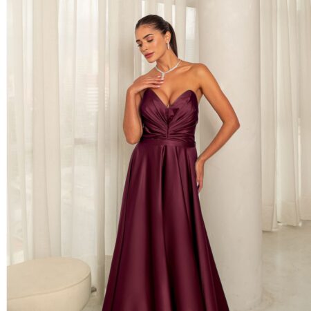 Vestido Bonnie Cetim com Brilho, Franzido Frontal e Saia Rodada - Marsala