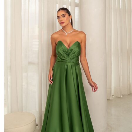 Vestido Bonnie Cetim com Brilho, Franzido Frontal e Saia Rodada - Oliva